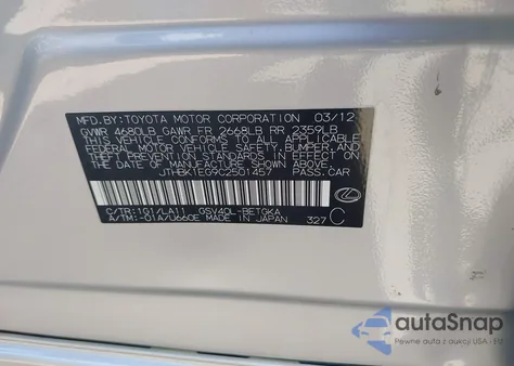 2012 Lexus Es 350 from USA, damaged, VIN JTHBK1EG9C2501457